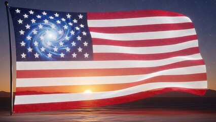 Waving american flag with a glowing spiral galaxy replacing the stars against a sunset sky over water, symbolizing freedom and space