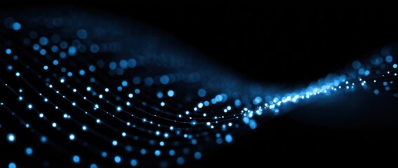 Abstract wave of glowing blue dots against black background, suggesting data or light