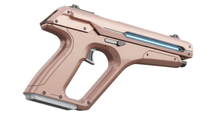 Futuristic rose gold pistol isolated PNG, sci-fi weapon with blue light for gaming and design projects on transparent background
