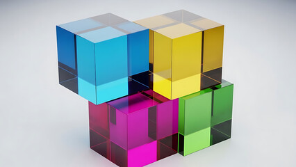 Obraz premium Abstract stack of vibrant transparent glass cubes forming a colorful geometric structure 3D render.