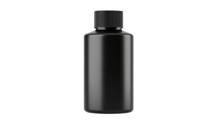 Black plastic bottle isolated PNG, container for liquid medicine or cosmetic product on transparent background