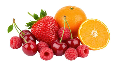 Fresh mix of fruits isolated PNG, including strawberry, raspberries, cherries, and orange slice on transparent background, healthy eating concept