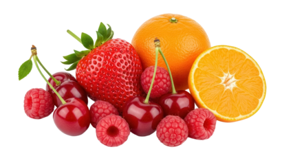 Fresh mix of fruits isolated PNG, including strawberry, raspberries, cherries, and orange slice on transparent background, healthy eating concept