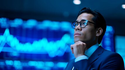 Businessman stock market financial analysis investor digital screen graph business data technology professional office corporate economy investment modern trends thoughtful glasses suit real time - Powered by Adobe