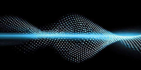 Abstract illustration of glowing blue dots forming wave-like patterns with a central light beam