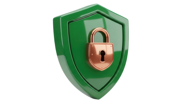 Green shield with copper padlock isolated PNG, security concept for data protection and privacy on transparent background