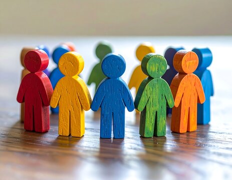 Close-up of wooden, colorful human figures arranged in a circle on a wooden table, emphasizing unity and collaboration