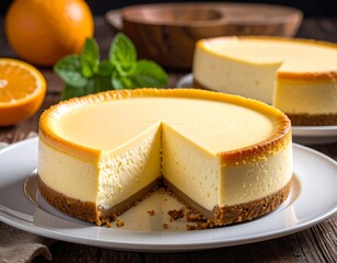Close-up of two creamy cheesecakes, one sliced to reveal its texture, set on white plates. A halved orange and mint sprig add color