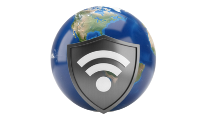 Earth globe with wifi symbol on shield PNG isolated, global network security concept for internet connection and data protection