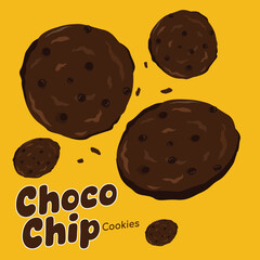 Dark Chocolate Chip Cookies Illustration on Warm Yellow Background