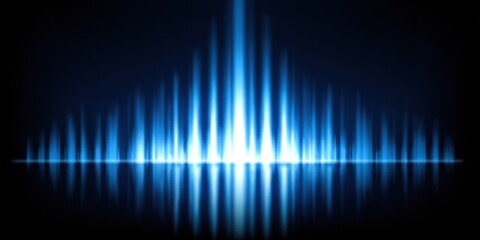 Abstract image of blue light beams radiating upwards from a horizontal line, dark background