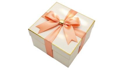 Elegant square gift box with peach ribbon isolated PNG, present for birthday or special occasion on transparent background