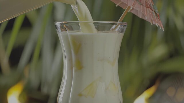 Creamy drink being poured into a glass with pineapple chunks