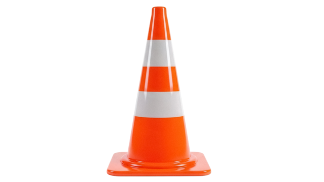 Orange traffic cone PNG isolated on transparent background, safety equipment for road construction and hazard warning