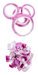 Top view set of fresh red or purple Spanish onion rings and cube shape slices in stack isolated on white background with clipping path