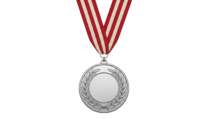 Silver medal with red and white ribbon isolated PNG, achievement award for sports competition and recognition of success