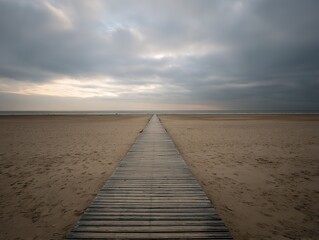 Obraz premium Long wooden boardwalk on empty beach in overcast sky open sand cloud background natural landscape scene 