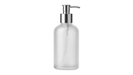 Frosted glass soap dispenser with silver pump isolated PNG, elegant bathroom accessory for hand sanitizer and lotion on transparent background