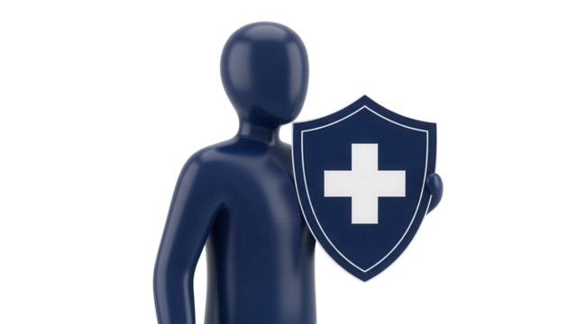 Blue faceless figure holding a shield with a cross isolated PNG, concept for health insurance and protection on transparent background