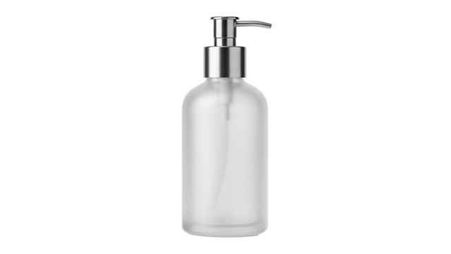 Frosted glass soap dispenser with silver pump isolated PNG, elegant bathroom accessory for hand sanitizer and lotion on transparent background