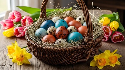 Wicker basket filled with colorful Easter eggs, surrounded by tulips and daffodils on a wooden surface.