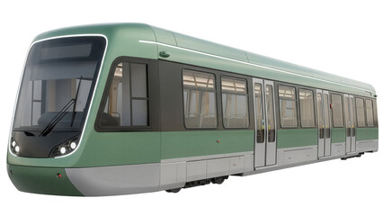Modern green tram PNG isolated on transparent background, public transportation vehicle for urban...