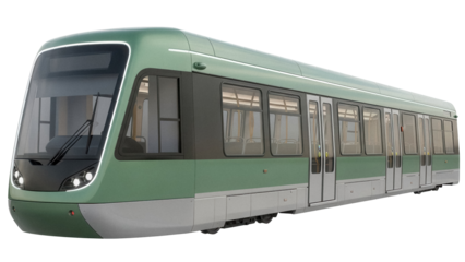 Modern green tram PNG isolated on transparent background, public transportation vehicle for urban transit and city travel