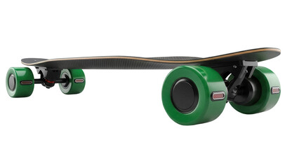 Electric skateboard with green wheels isolated PNG, modern personal transportation device for recreation and commuting on transparent background