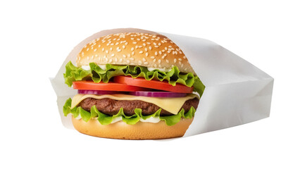 Delicious burger with sesame bun isolated PNG, featuring fresh lettuce, tomato, onion, cheese, and beef patty in a paper wrap, fast food meal