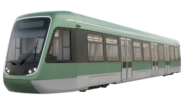 Modern green tram PNG isolated on transparent background, public transportation vehicle for urban transit and city travel