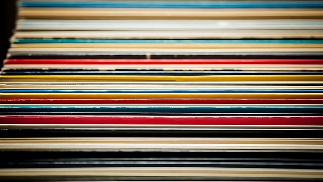 Stack of colorful vinyl records close-up abstract background vintage music collection