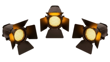 Three fresnel stage lights PNG isolated on transparent background, theatrical lighting equipment for film and photography studio