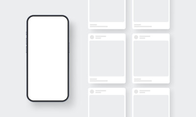 Cellphone mockup with blank social media posts. Clean template for branding, promo design, digital content