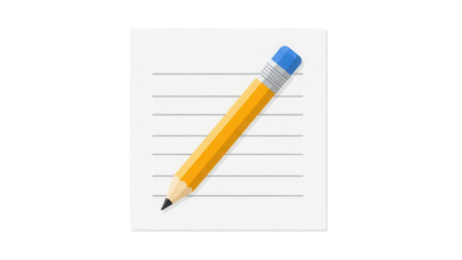 Yellow pencil on lined paper isolated PNG, writing and drawing tool for education and office use on transparent background