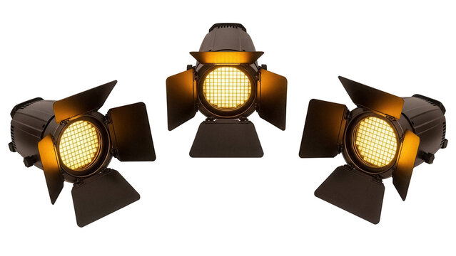 Three fresnel stage lights PNG isolated on transparent background, theatrical lighting equipment for film and photography studio