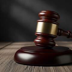 Obraz premium Wooden gavel on a sound block symbol of law and justice resting on a wooden table in a courtroom