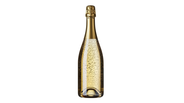 Golden champagne bottle with bubbles isolated PNG, celebratory drink for special occasions and festive events on transparent background