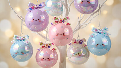 Obraz premium Charming pastel Christmas ornaments with cute faces and bows create a delightful holiday atmosphere, perfect for festive decorations and joyful celebrations, adding whimsy and cheer