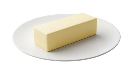 Block of butter on a plate isolated PNG, dairy product for cooking and baking, ingredient for recipes on transparent background