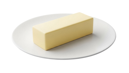 Block of butter on a plate isolated PNG, dairy product for cooking and baking, ingredient for recipes on transparent background