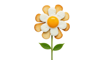 Creative flower made of fried egg and toast isolated PNG, fun food concept for kids breakfast and healthy eating on transparent background