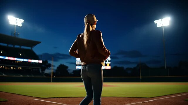 Woman stands on baseball field. Player looks toward stadium scoreboard. Night lights cast long shadow on grass. Athlete wears cap and prepares for game. Scoreboard shows inning and score. Crowd waits.