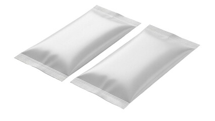 Two blank silver foil sachets PNG isolated on transparent background, mockup template for food, cosmetic or medical product packaging