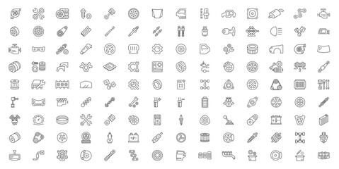 Car Spare Parts Outline Vector Pack. Mechanical Components, Tools, Engine, Axle & Repair Icons