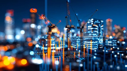 City construction crane building night lights urban development technology architecture skyscraper modern digital smart project tower illuminated futuristic infrastructure business real estate night - Powered by Adobe