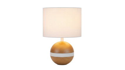 Modern wooden table lamp with round base isolated PNG, stylish lighting fixture for bedroom or living room on transparent background