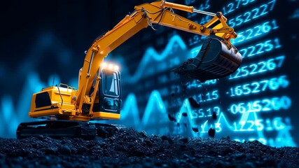 Yellow excavator heavy construction machinery digging soil with industrial equipment bucket glowing digital financial data background symbolizing economic growth technology integration investment - Powered by Adobe