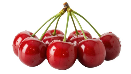 Pile of fresh red cherries isolated PNG on transparent background, ripe summer fruit with green stems for healthy eating and dessert