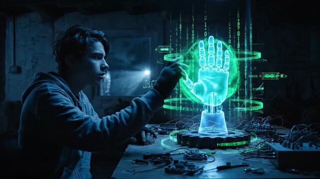 Builds holographic prosthetic robotic hand. Young engineer assembles robot component on workshop table. Blue hologram hand floats above circuit array. AI interface projects holographic control code.