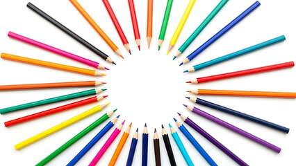 Education and art supplies concept: many colorful pencils arranged in a circular design on white surface